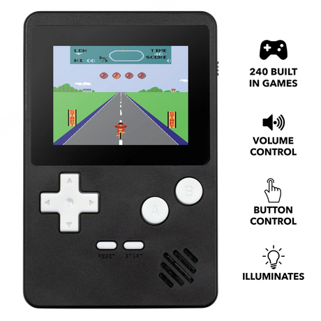 Tikkers Handheld Console showing built in games, volume control, button control and light feature icons