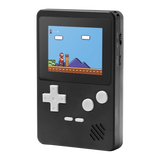 Tikkers Handheld Console in black with white buttons and game screen shown from the front