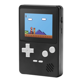 Tikkers Handheld Console in black with white buttons and game screen shown from the front
