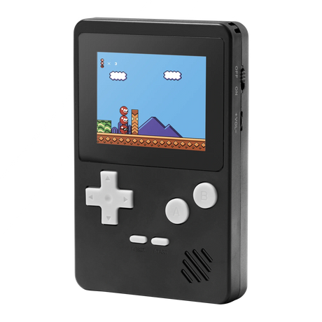 Tikkers Handheld Console in black with white buttons and game screen shown from the front