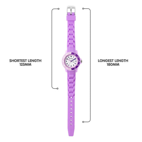 Tikkers Lilac Silicone Time Teacher Watch full strap view showing adjustable fit from 125 mm to 180 mm