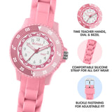 Tikkers Pink Silicone Time Teacher Watch showing time teacher hands, numbered dial, silicone strap and buckle fastening