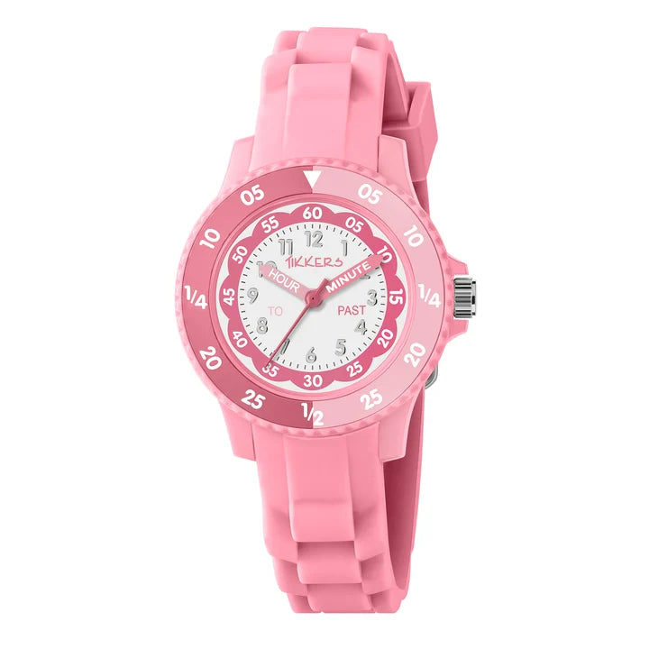 Tikkers Pink Silicone Time Teacher Watch front view with pink strap and easy read analogue teaching dial
