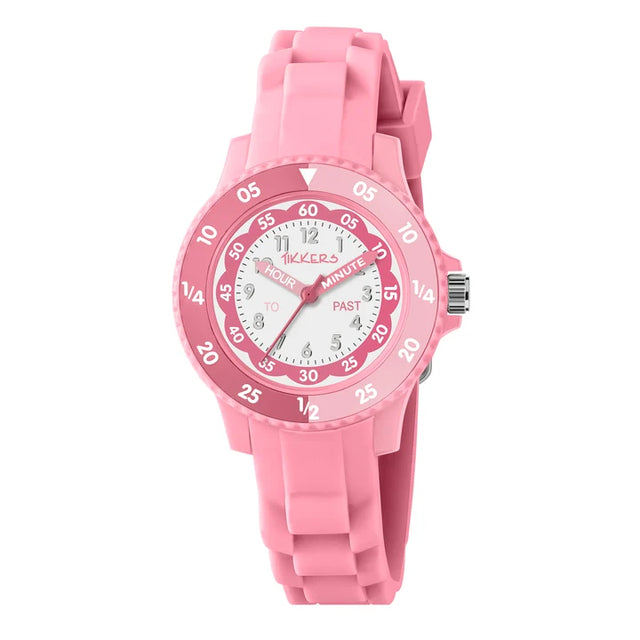 Tikkers Pink Silicone Time Teacher Watch front view with pink strap and easy read analogue teaching dial