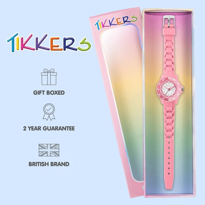 Tikkers Pink Silicone Time Teacher Watch presented in branded gift box with two year guarantee graphic 