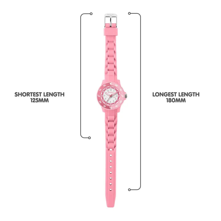 Tikkers Pink Silicone Time Teacher Watch full strap view showing adjustable length from 125 mm to 180 mm