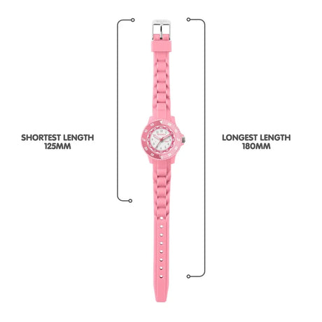 Tikkers Pink Silicone Time Teacher Watch full strap view showing adjustable length from 125 mm to 180 mm