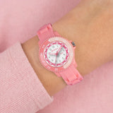 Tikkers Pink Silicone Time Teacher Watch worn on the wrist with pink silicone strap and analogue dial