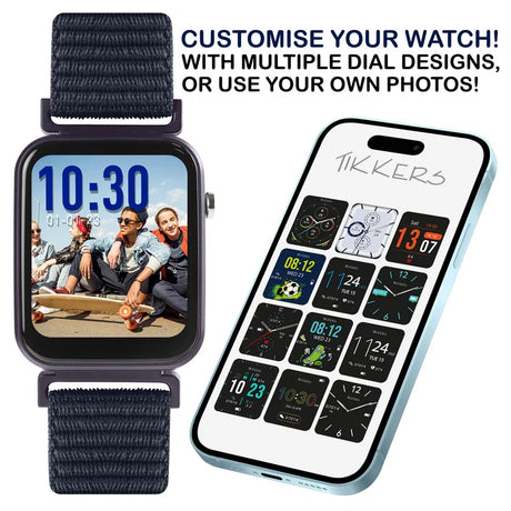 Tikkers Series 13 Navy Riptape Smart Watch beside Tikkers Time app showing multiple watch face designs and photo customisation