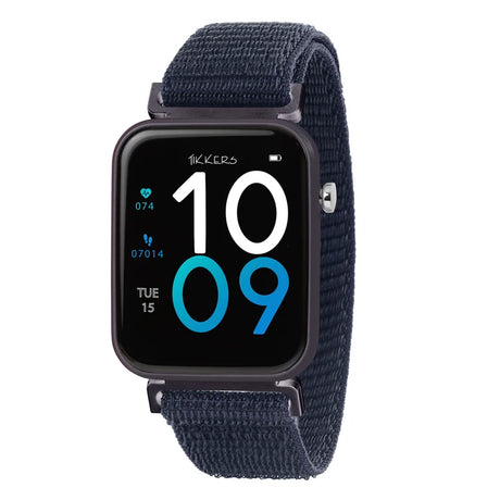 Tikkers Series 13 Navy Riptape Smart Watch front view with navy fabric strap, colour touchscreen and digital watch face