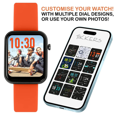 Tikkers Series 13 Orange Silicone Smart Watch beside Tikkers Time app showing multiple watch face designs and photo customisation