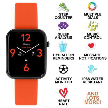 Tikkers Series 13 Orange Silicone Smart Watch feature graphic showing step counter, sleep analysis, hydration reminders, activity monitor, heart rate, music control, message notifications and IP68 water resistance