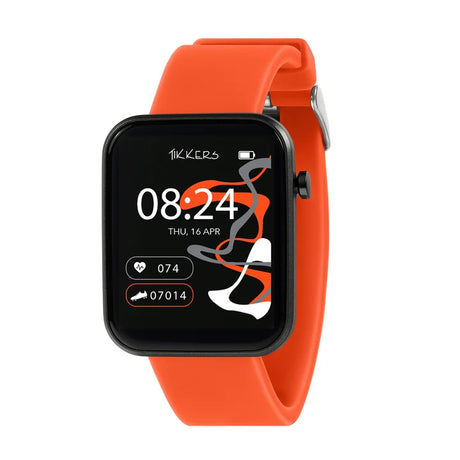 Tikkers Series 13 Orange Silicone Smart Watch front view with orange strap, black case and colour touchscreen