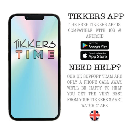 Tikkers Time app compatibility graphic for the Series 13 Pink Riptape Smart Watch showing iOS and Android support