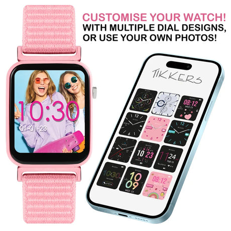 Tikkers Series 13 Pink Riptape Smart Watch beside Tikkers Time app showing multiple watch face designs and photo customisation