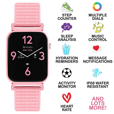 Tikkers Series 13 Pink Riptape Smart Watch feature graphic showing step counter, sleep analysis, hydration reminders, activity monitoring, heart rate, music control, message notifications and IP68 water resistance