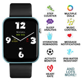 Tikkers smartwatch with black strap and analogue watch face beside icons showing step counter, sleep analysis, music control, hydration reminders, notifications, activity monitoring, water resistance and heart rate.