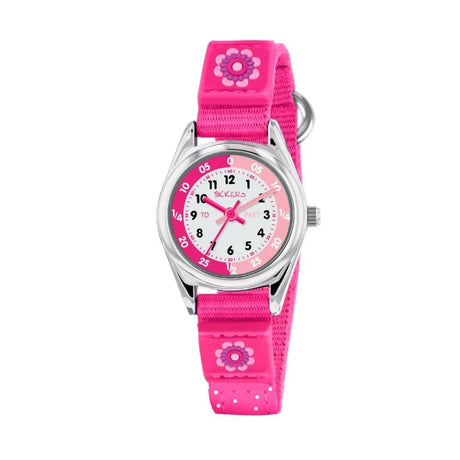 Tikkers Time Teacher Pink Flower Watch close-up showing silver case, time teacher dial, pink minute bezel and flower strap detail