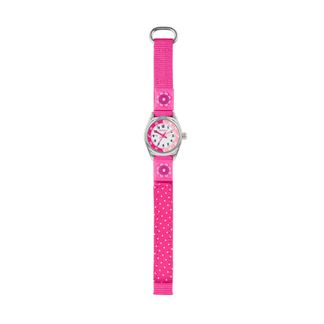 Tikkers Time Teacher Pink Flower Watch full strap view with silver case, pink flower strap and easy read analogue dial