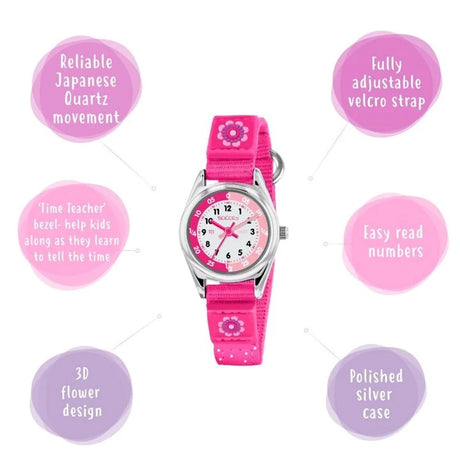 Tikkers Time Teacher Pink Flower Watch feature graphic showing quartz movement, adjustable hook and loop strap, easy read numbers, time teacher bezel and silver case