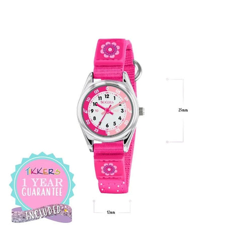 Tikkers Time Teacher Pink Flower Watch size graphic showing 25 mm case height and 12 mm case width