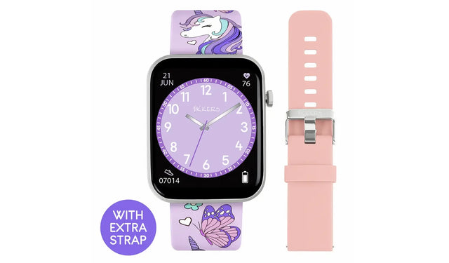 Front of Tikkers Series 13 smartwatch with purple unicorn and butterfly strap, silver case and purple analogue watch face, displayed beside the plain pink interchangeable strap.