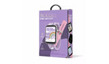 Tikkers Smart Watch Set in purple retail gift box showing the unicorn smartwatch, pink interchangeable strap and step counter, call alerts and sleep analysis features.
