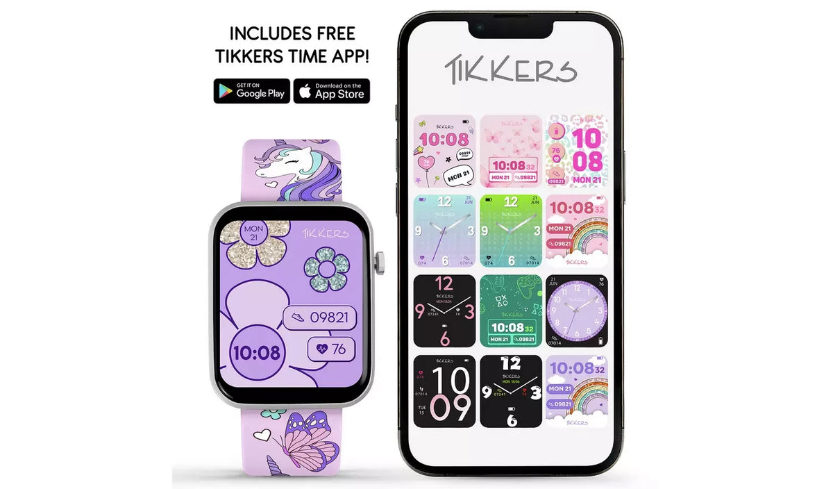 Tikkers unicorn smartwatch with purple butterfly watch face displayed beside a smartphone showing twelve customisable watch faces in the Tikkers Time app.