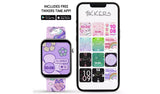 Tikkers unicorn smartwatch with purple butterfly watch face displayed beside a smartphone showing twelve customisable watch faces in the Tikkers Time app.