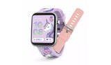 Tikkers Series 13 smartwatch with purple unicorn and butterfly print strap, silver case, unicorn digital watch face and separate plain pink silicone strap.