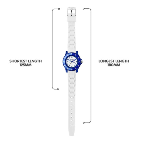 Tikkers White Silicone Time Teacher Watch full strap view showing adjustable fit from 125 mm to 180 mm