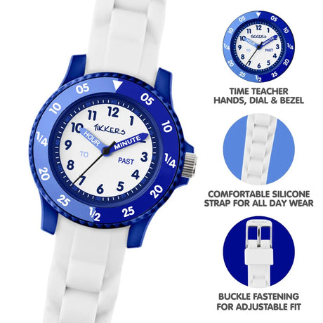 Tikkers White Silicone Time Teacher Watch feature graphic showing time teacher hands, marked dial and bezel, white silicone strap and buckle fastening