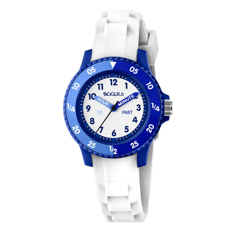 Tikkers White Silicone Time Teacher Watch front view with white strap, blue case and easy read analogue dial