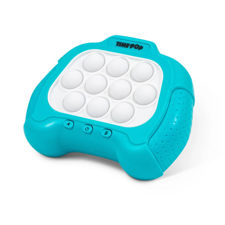 Time Pop Light Up Push Popper Game Blue angled front view with white pop buttons