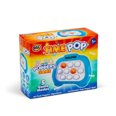 Time Pop Light Up Push Popper Game Blue boxed packaging showing 5 game modes