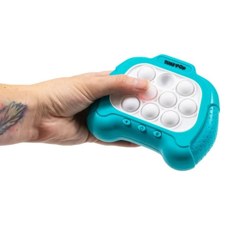 Time Pop Light Up Push Popper Game Blue held in one hand with white pop buttons
