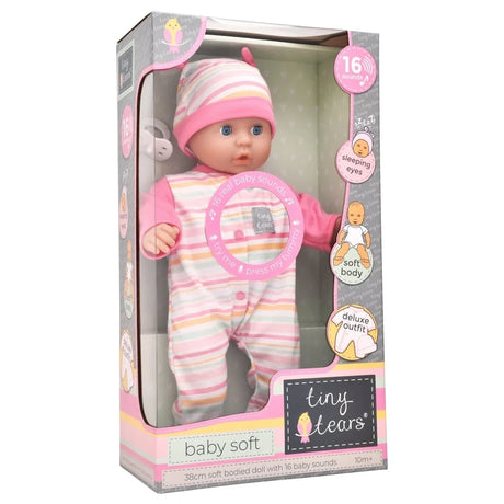 Angled view of Tiny Tears Baby Soft doll box showing 16 sounds, sleeping eyes and soft body features