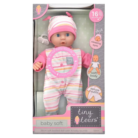 Front of Tiny Tears Baby Soft doll box showing 16 sounds, sleeping eyes and soft body features
