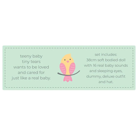 Tiny Tears Baby Soft product details showing 38 cm soft body, 16 baby sounds, sleeping eyes, dummy, outfit and hat