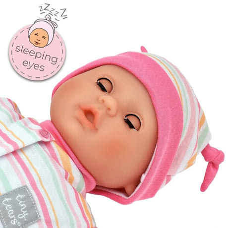 Close view of Tiny Tears Baby Soft doll with sleeping eyes closed
