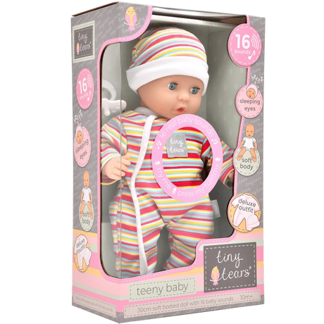 Angled view of Tiny Tears Teeny Baby doll box showing the 30 cm doll and 16 sounds feature