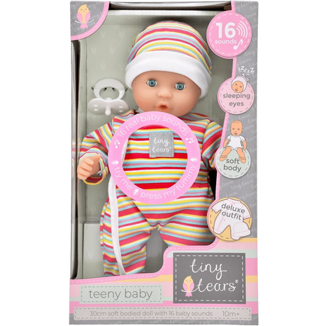 Front of Tiny Tears Teeny Baby doll box showing 16 sounds, sleeping eyes and soft body features