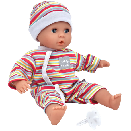 Tiny Tears Teeny Baby 30 cm doll in striped outfit and hat with white dummy