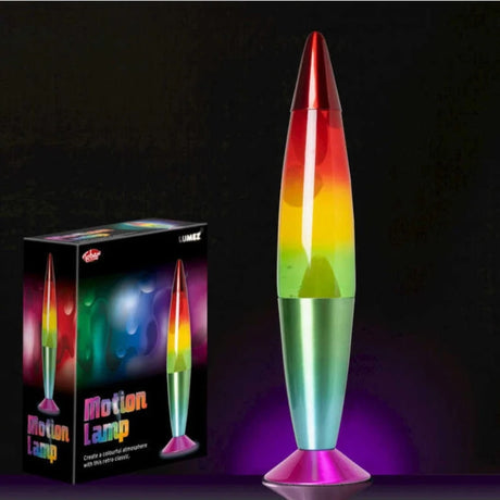 Tobar Lumez Motion Lamp Rainbow with retail box and lit rainbow lamp