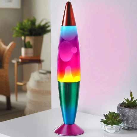 Tobar Lumez Motion Lamp Rainbow lit with pink, yellow and blue wax blobs
