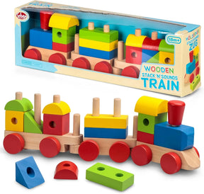 Tobar Wooden Stack 'N' Sounds Train shown with box, assembled train and loose shape pieces