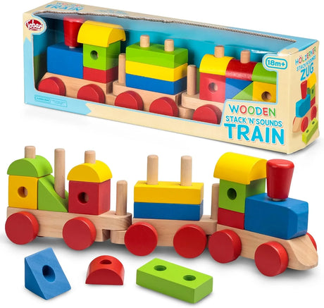 Tobar Wooden Stack 'N' Sounds Train shown with box, assembled train and loose shape pieces
