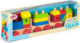 Tobar Wooden Stack 'N' Sounds Train in box with colourful wooden train pieces
