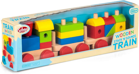 Tobar Wooden Stack 'N' Sounds Train in box with colourful wooden train pieces