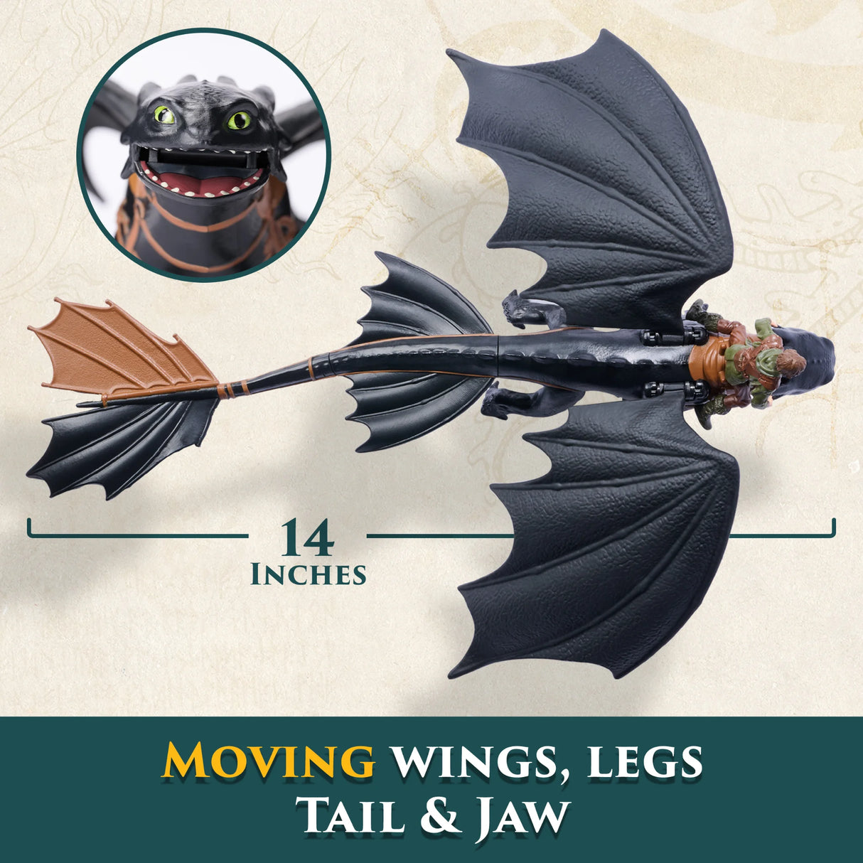 Top-down view of Toothless with wings spread and Hiccup on saddle – Ireland
